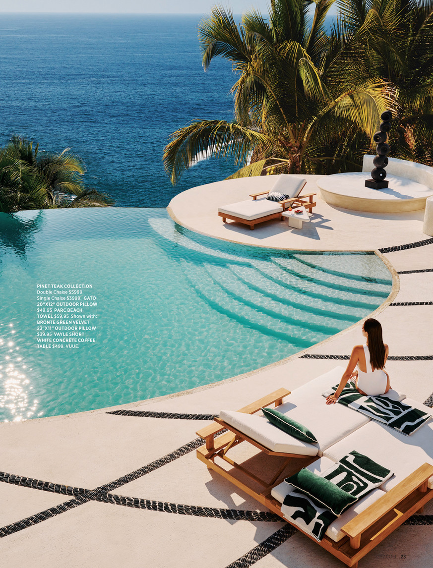 CB2 May 2023 CB2 Pinet Teak Outdoor Double Chaise Lounge with Textured Ivory Perennials Cushions