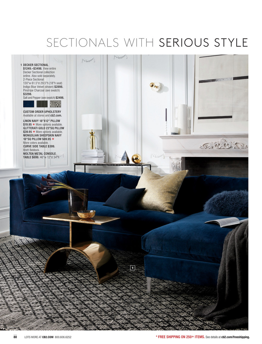 Cb2 April Catalog 2018 Decker 2 Piece Blue Velvet Sectional Sofa
