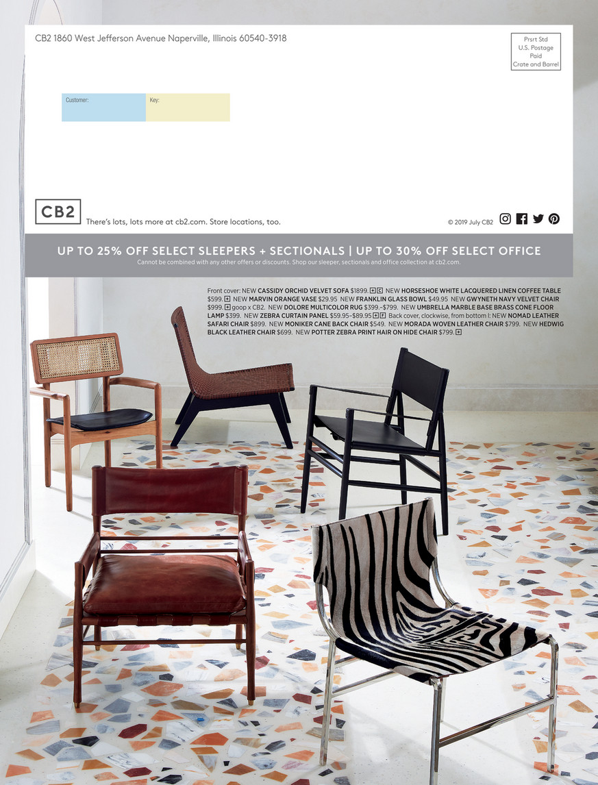 CB2 July Catalog 2019 Nomad Leather Safari Chair