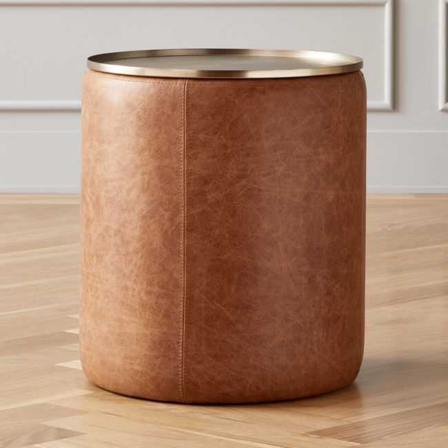 Stitch Leather Round Storage Side Table, Leather End Tables With Drawer